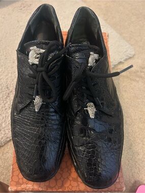 Men's Black Croc-Embossed Lace-Up Sneakers with Silver Hardware